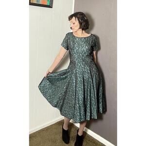 1950's Black Lace x Pale Blue Taffeta Fit and Flare Cocktail Dress Alencon Lace
